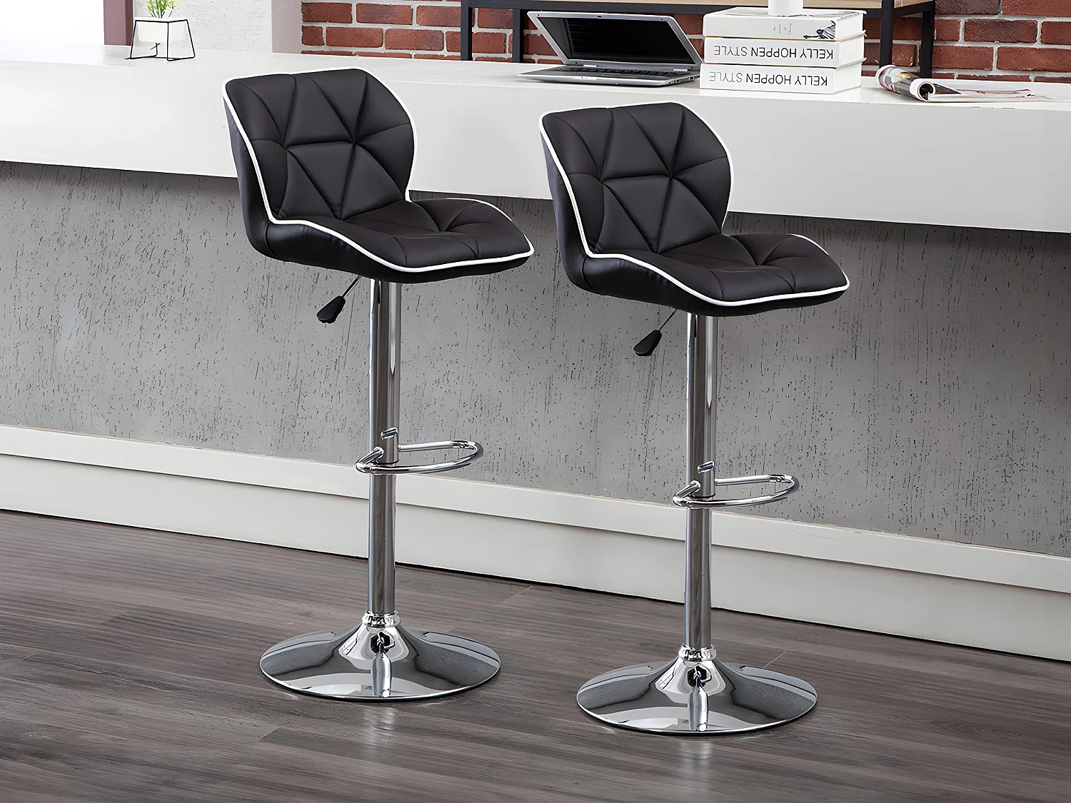 Lot de 2 tabourets de bar en simili et acier chromé - Hauteur réglable - Noir et argent - CALVIN