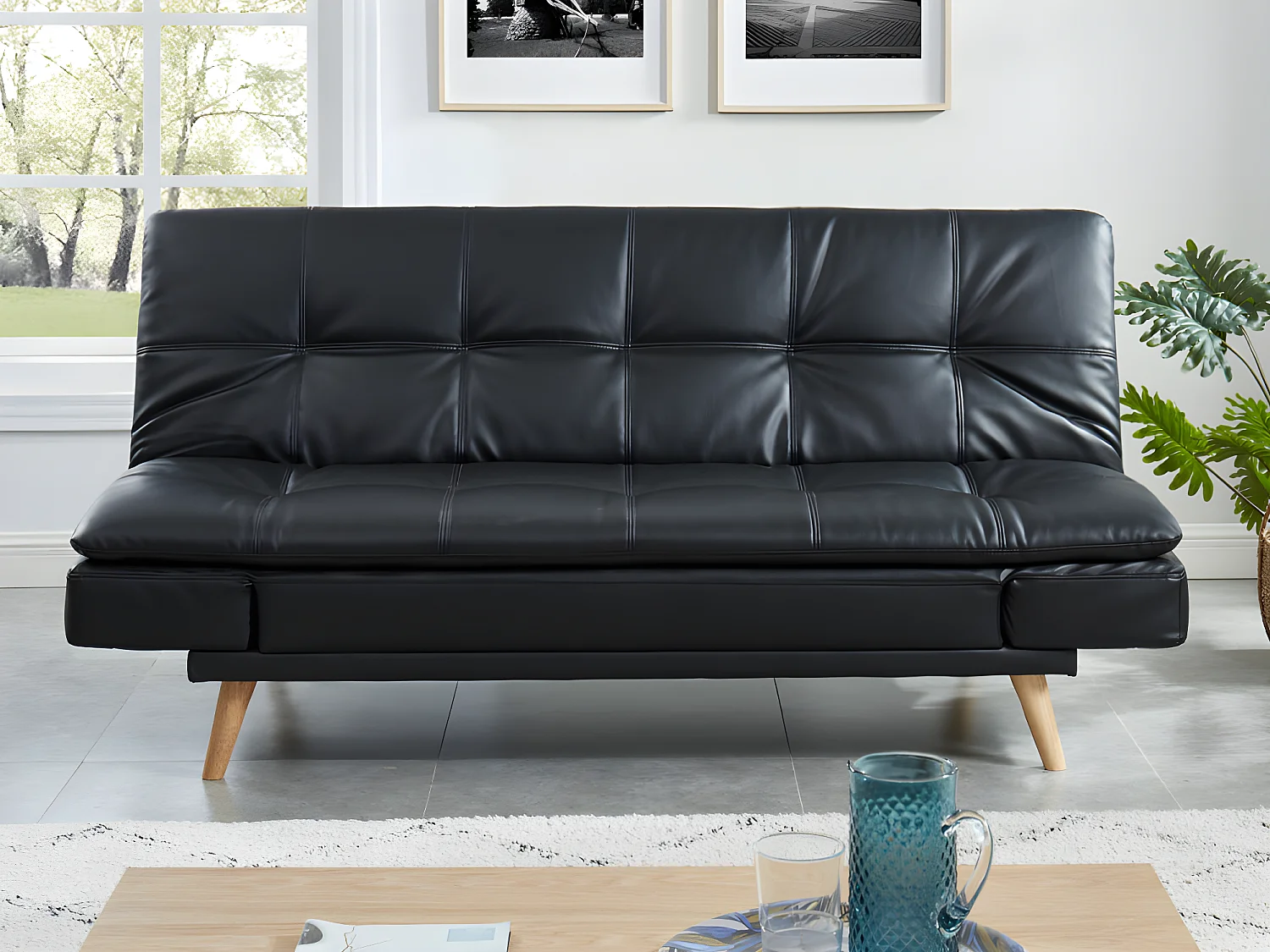 Schlafsofa Klappsofa 3-Sitzer - Kunstleder - Schwarz - ZARINA