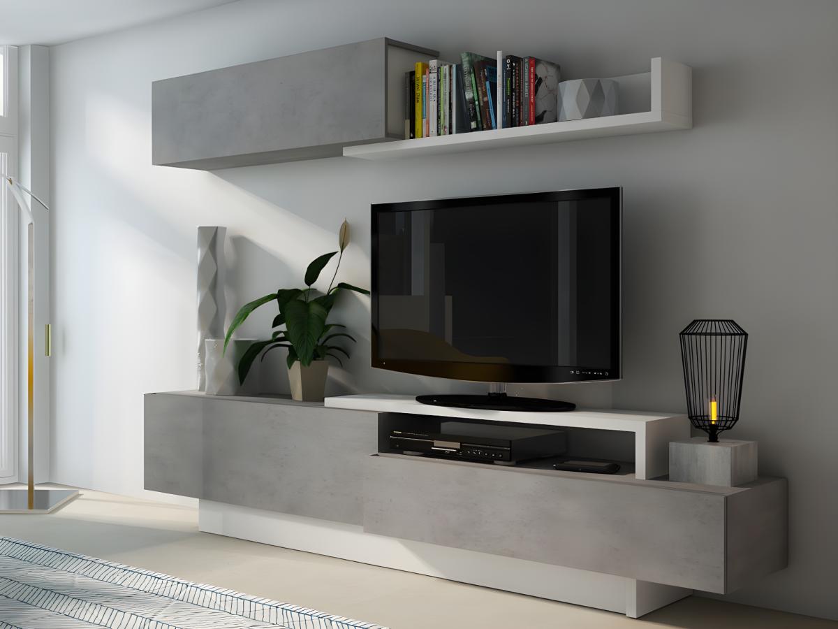 Mueble TV con espacios de almacenaje blanco y cemento MONTY