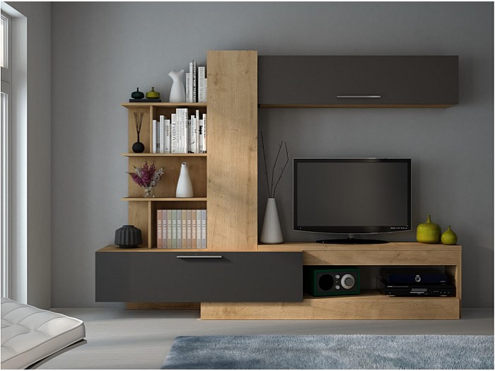 Mueble TV con compartimentos DEREK – Roble y Antracita