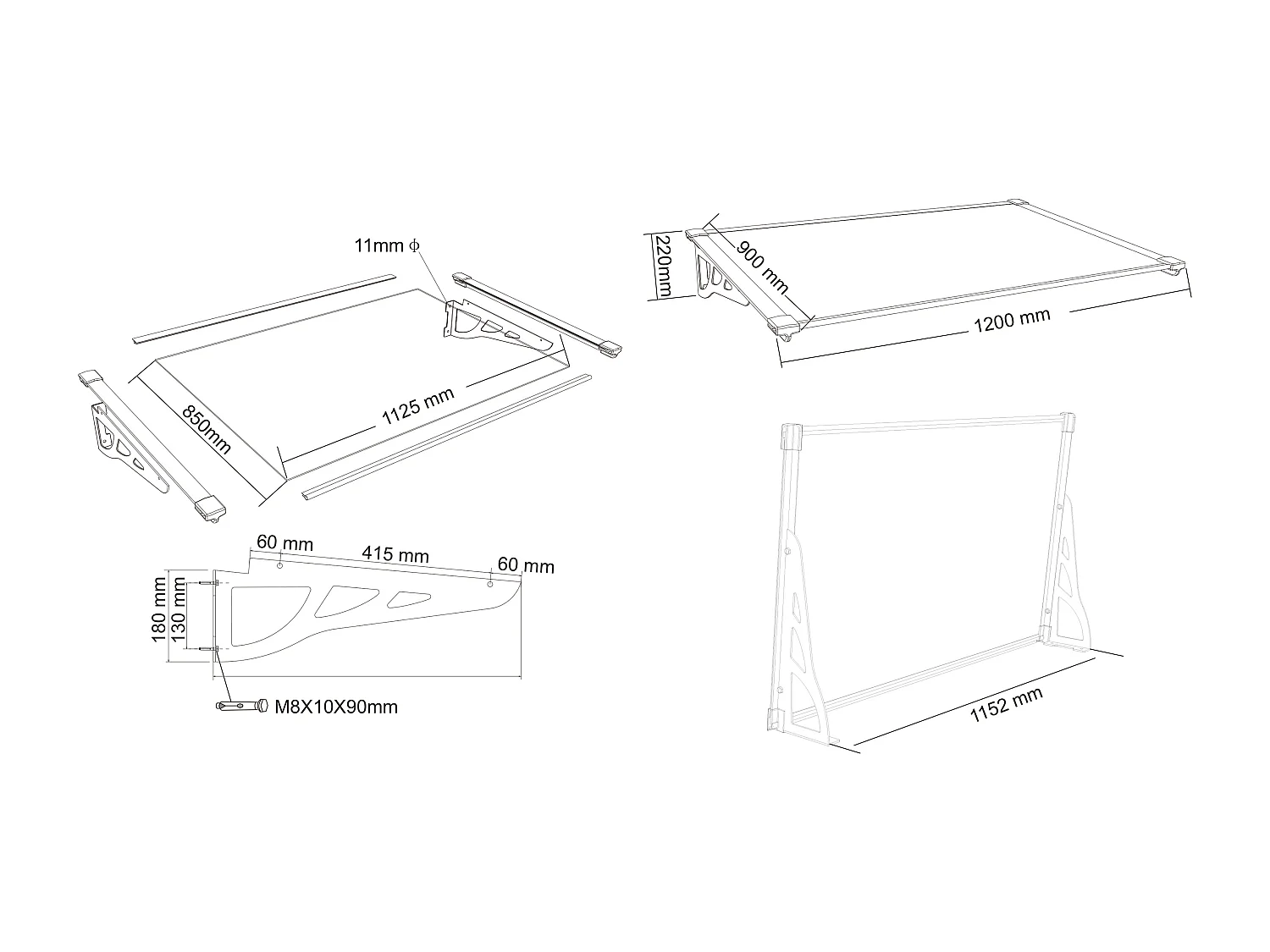 Afdak KEPLER van aluminium - 120 x 90 x 22 cm - Zwart
