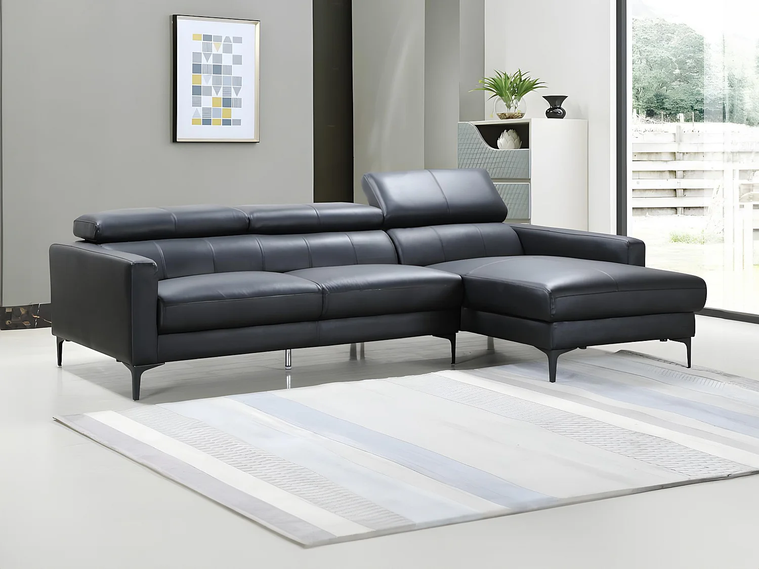 Sofá rinconera de piel de búfalo FLORENCE - Negro - Ángulo derecho