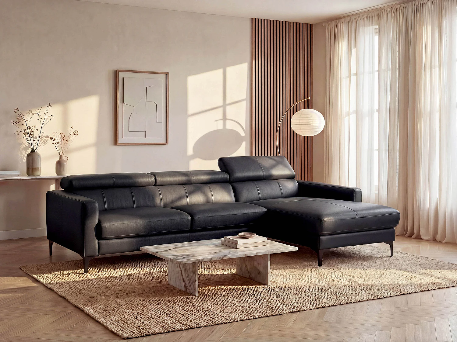 Canapé d'angle en cuir de buffle FLORENCE - Noir - Angle droit