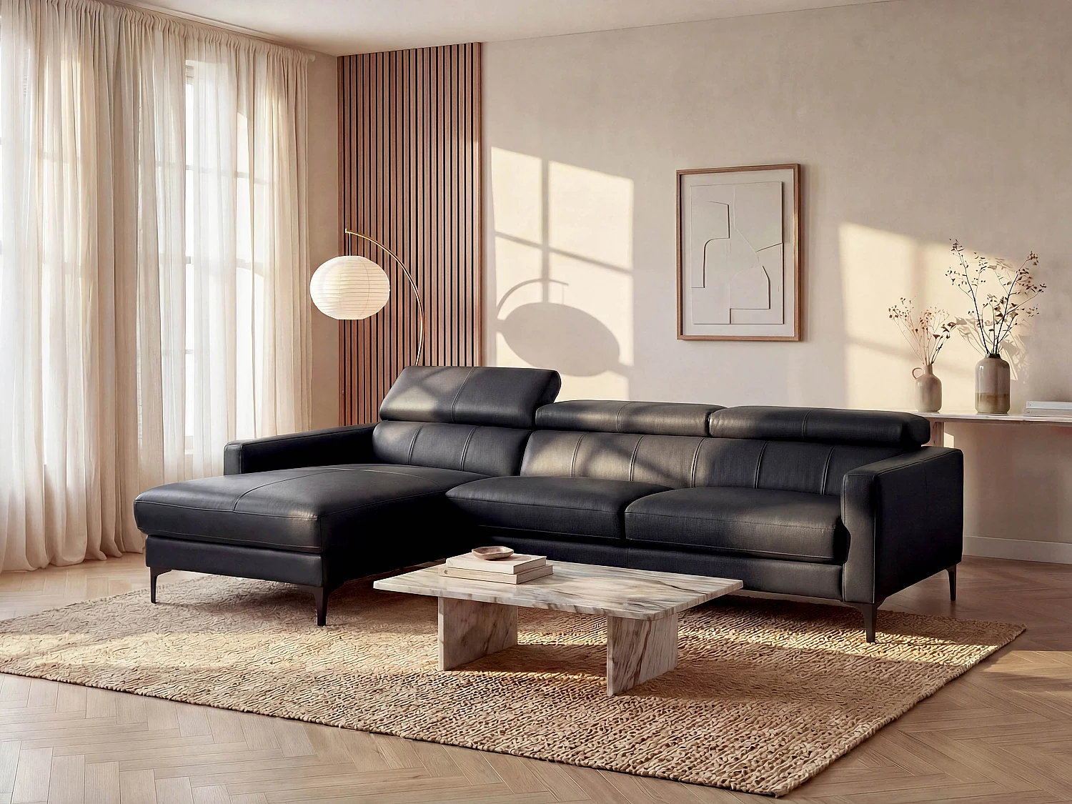 Sofá rinconera de piel de búfalo FLORENCE - Negro - Ángulo izquierdo