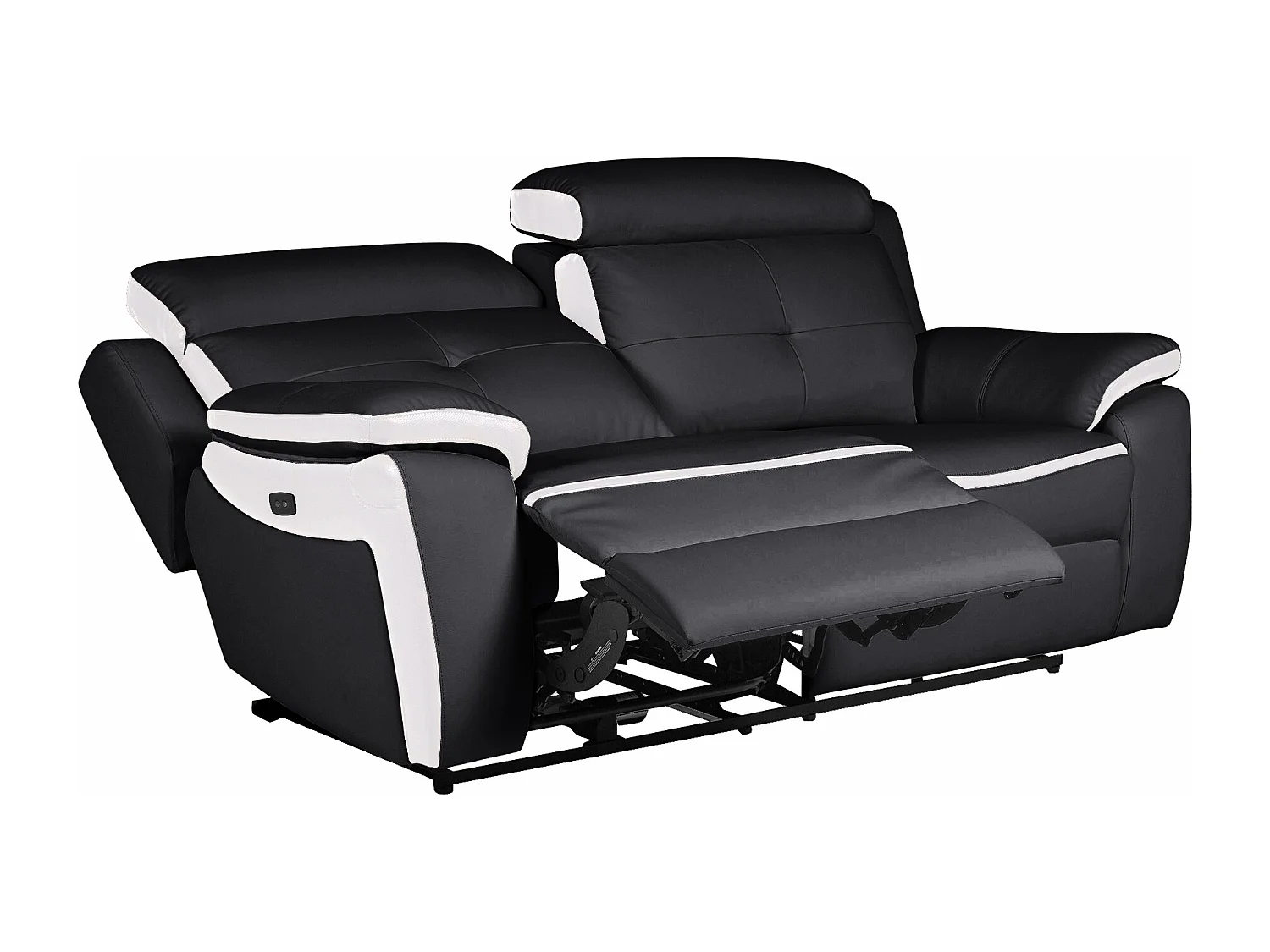 Sofá relax eléctrico de 3 plazas de piel ANGELIQUE - Negro/blanco