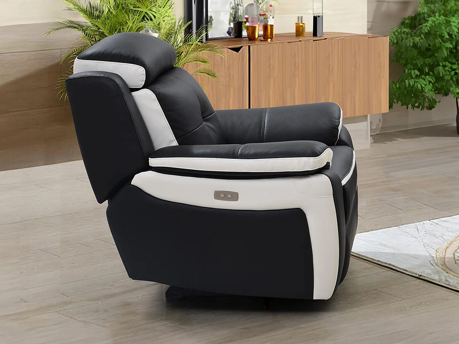Sillón relax eléctrico de piel ANGELIQUE - Negro/blanco