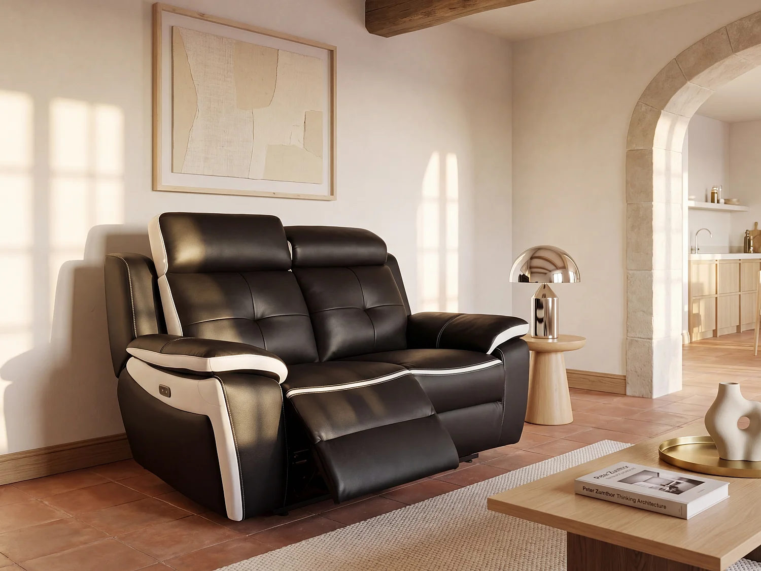 Elektrische relaxfauteuil van leer ANGELIQUE - Zwart/ wit