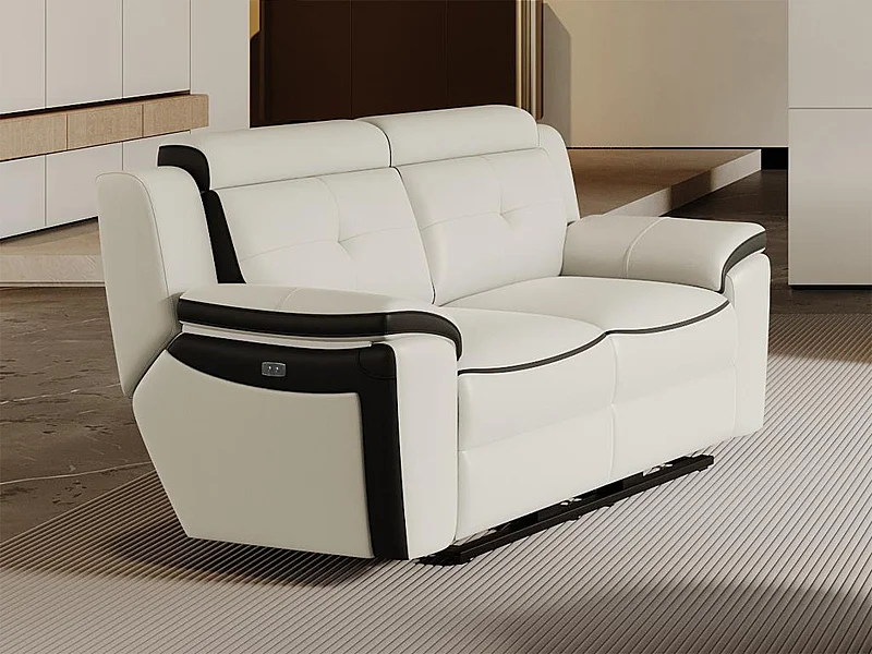 Canapé 2 places relax électrique en cuir ANGELIQUE - Blanc/anthracite
