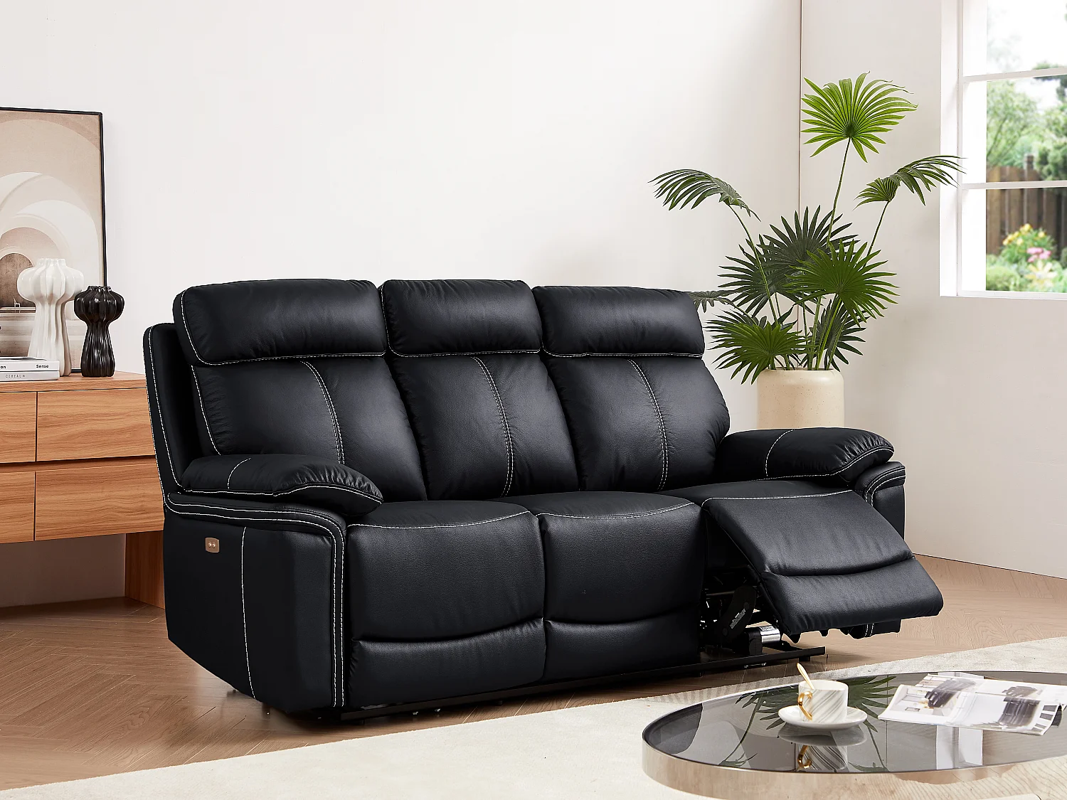 3-sits soffa med elektrisk avslappningsfunktion i läder ISIRIS - Svart