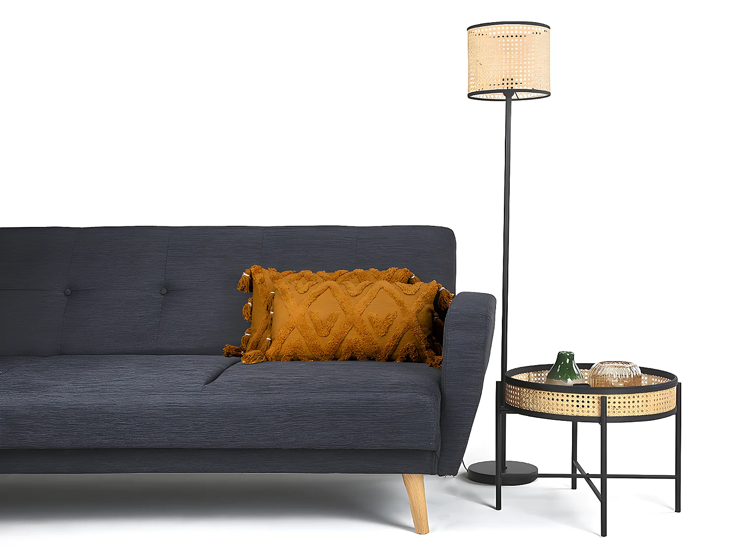 Lampadaire cannage en métal et rotin - H. 145 cm - Noir et Naturel - NEIROBI