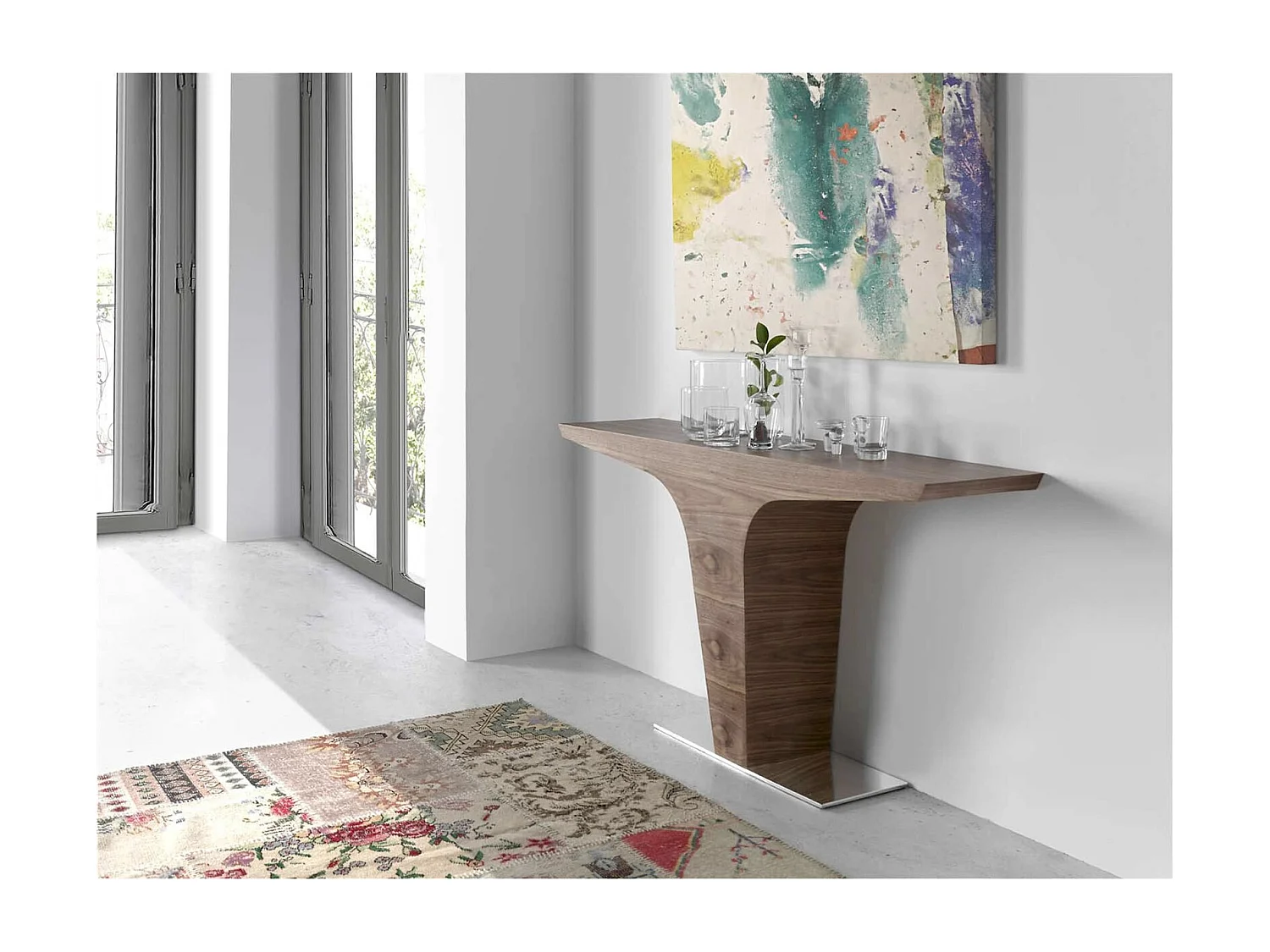 Table d'appoint bois noyer et piétement acier inoxydable