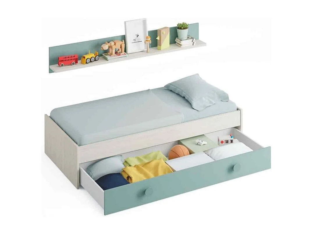 Lit tiroir CYANN sans sommier L201cm avec étagère murale - Blanc et Turquoise, Largeur - 90 cm