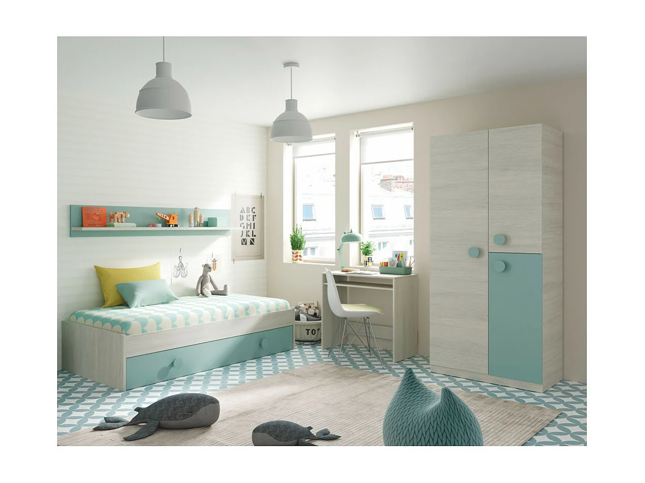 Lit tiroir CYANN sans sommier L201cm avec étagère murale - Blanc et Turquoise, Largeur - 90 cm