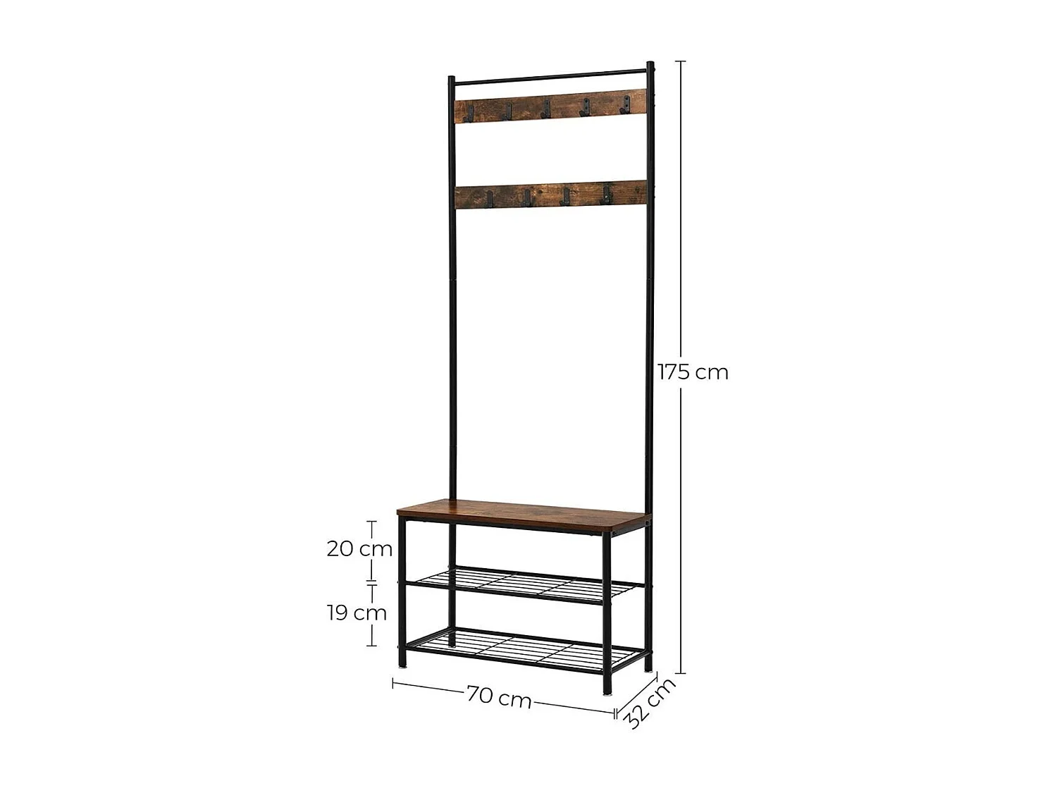 VASAGLE Coat Rack, Coat Stand with Shoe Storage Bench, Hall Tree with Shoe Rack, 3-in-1 Design, Steel Frame, for Hallway, Entrance, 32 x 70 x 175 cm, Industrial,