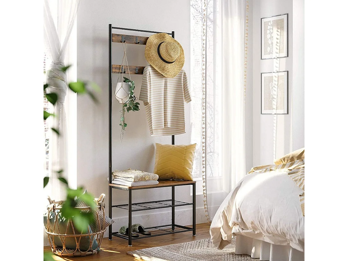 VASAGLE Coat Rack, Coat Stand with Shoe Storage Bench, Hall Tree with Shoe Rack, 3-in-1 Design, Steel Frame, for Hallway, Entrance, 32 x 70 x 175 cm, Industrial,