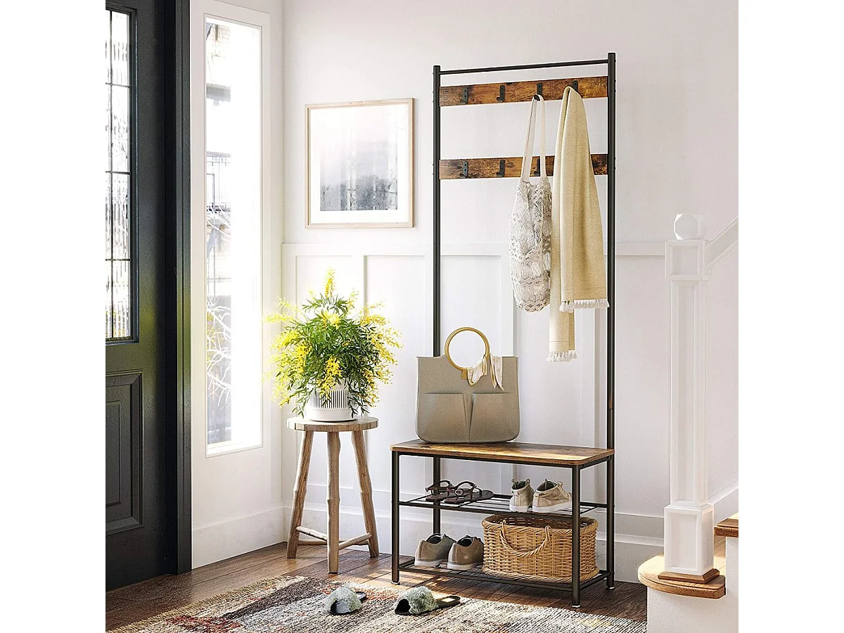 VASAGLE Coat Rack, Coat Stand with Shoe Storage Bench, Hall Tree with Shoe Rack, 3-in-1 Design, Steel Frame, for Hallway, Entrance, 32 x 70 x 175 cm, Industrial,