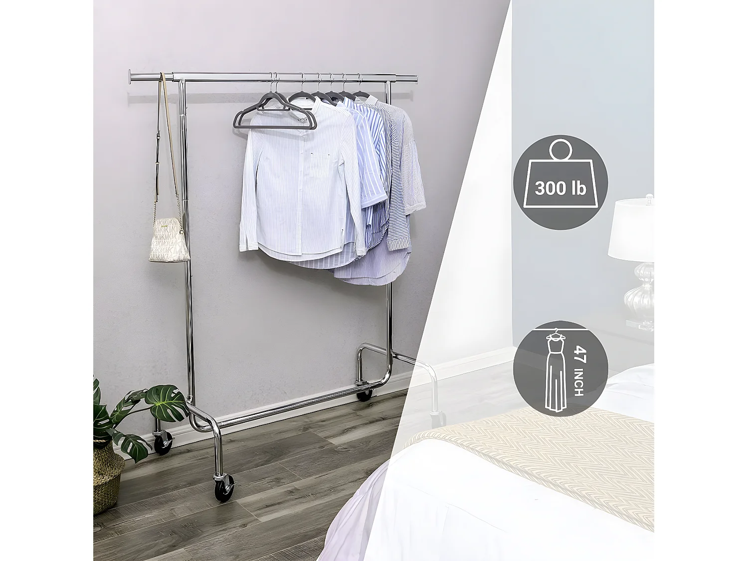 Porta abiti con asta estensibile da 110-150 cm su ruote