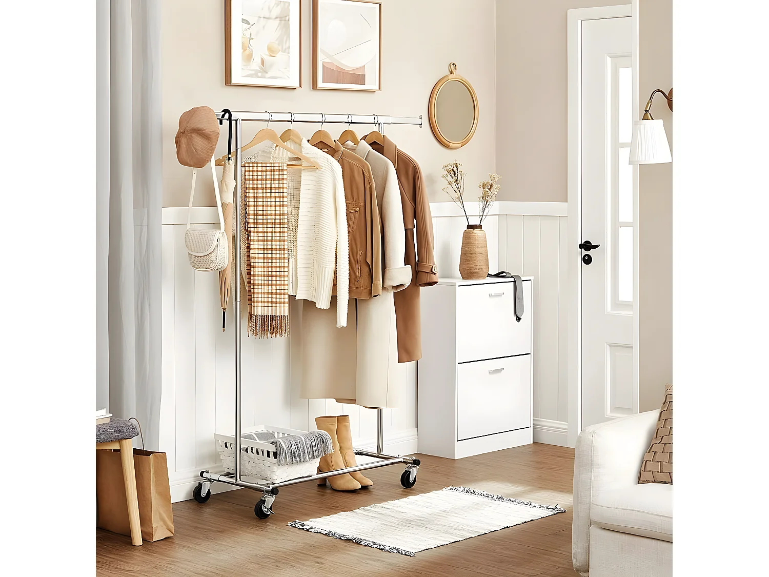 Portant à Vêtements sur Roues avec Tringle Extensible 92-132 cm