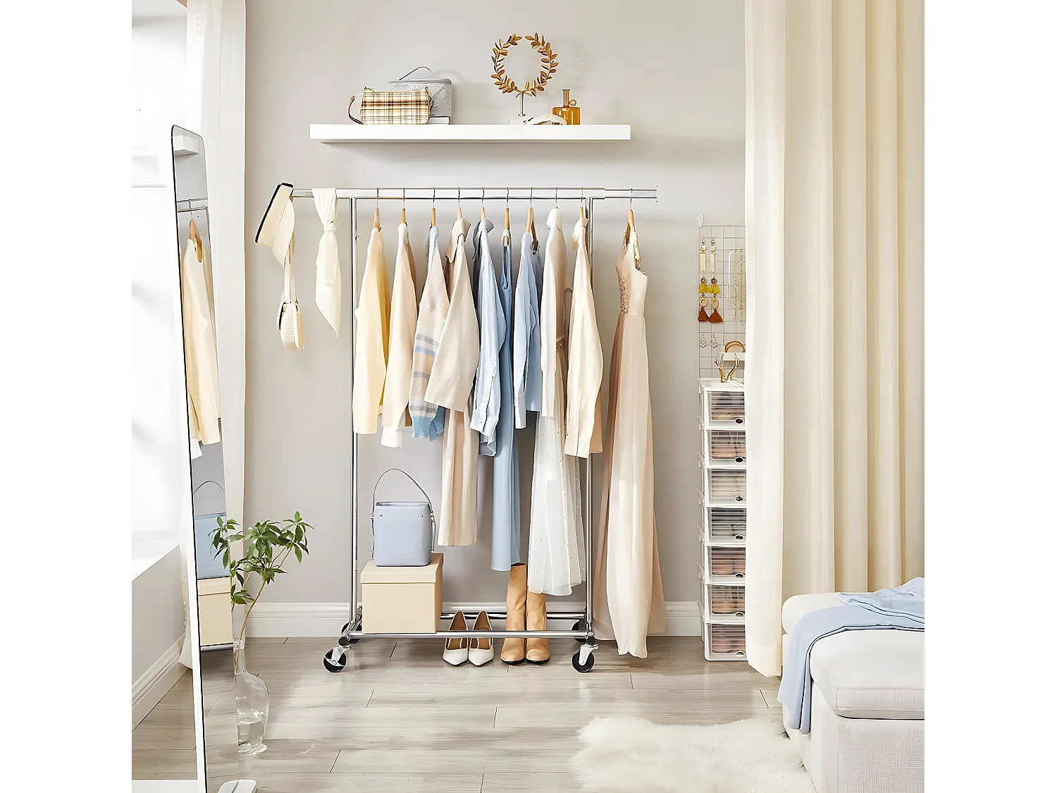 Portant à Vêtements sur Roues avec Tringle Extensible 92-132 cm