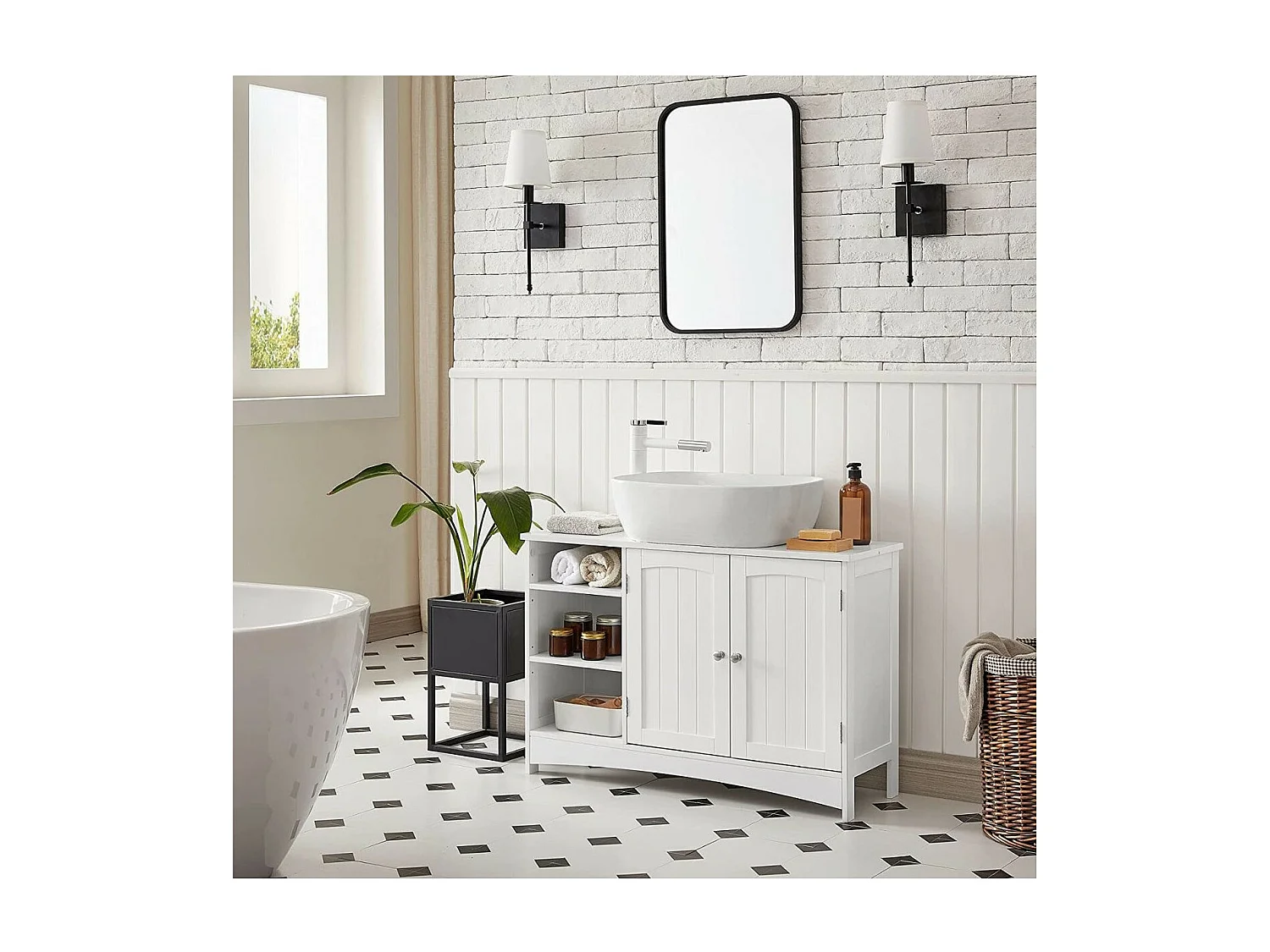 Mobile Sottolavabo Bianco 2 Porte 3 Nicchie - L90 cm