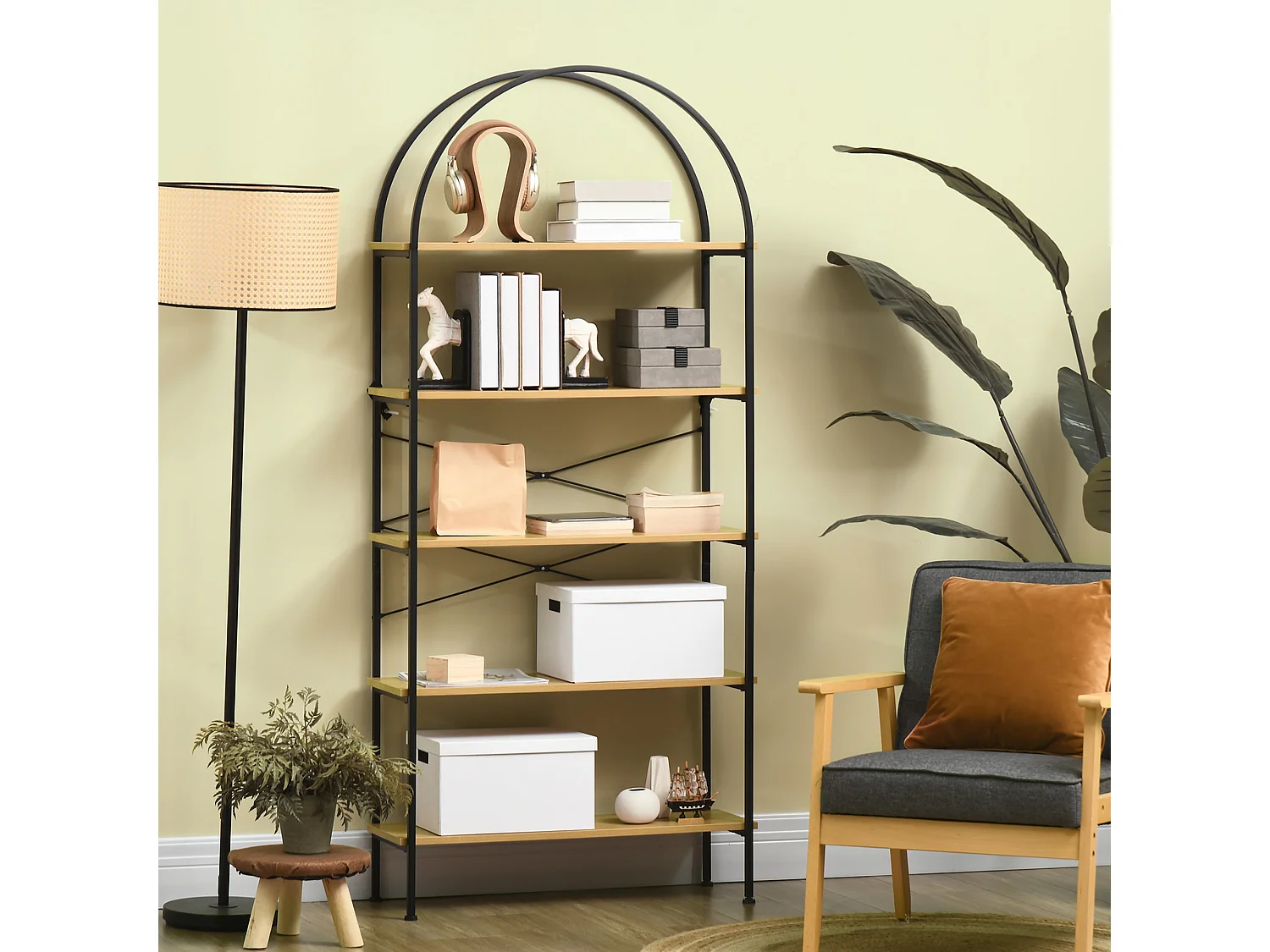 Bibliothèque étagère 5 niveaux design industriel en arche H. 1,79 m acier noir aspect bois clair