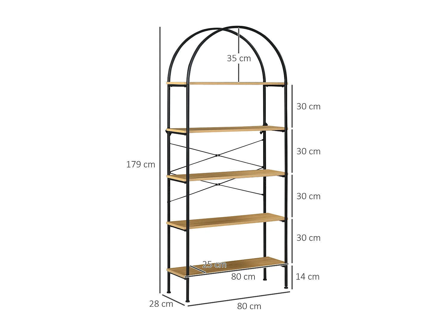 Bibliothèque étagère 5 niveaux design industriel en arche H. 1,79 m acier noir aspect bois clair