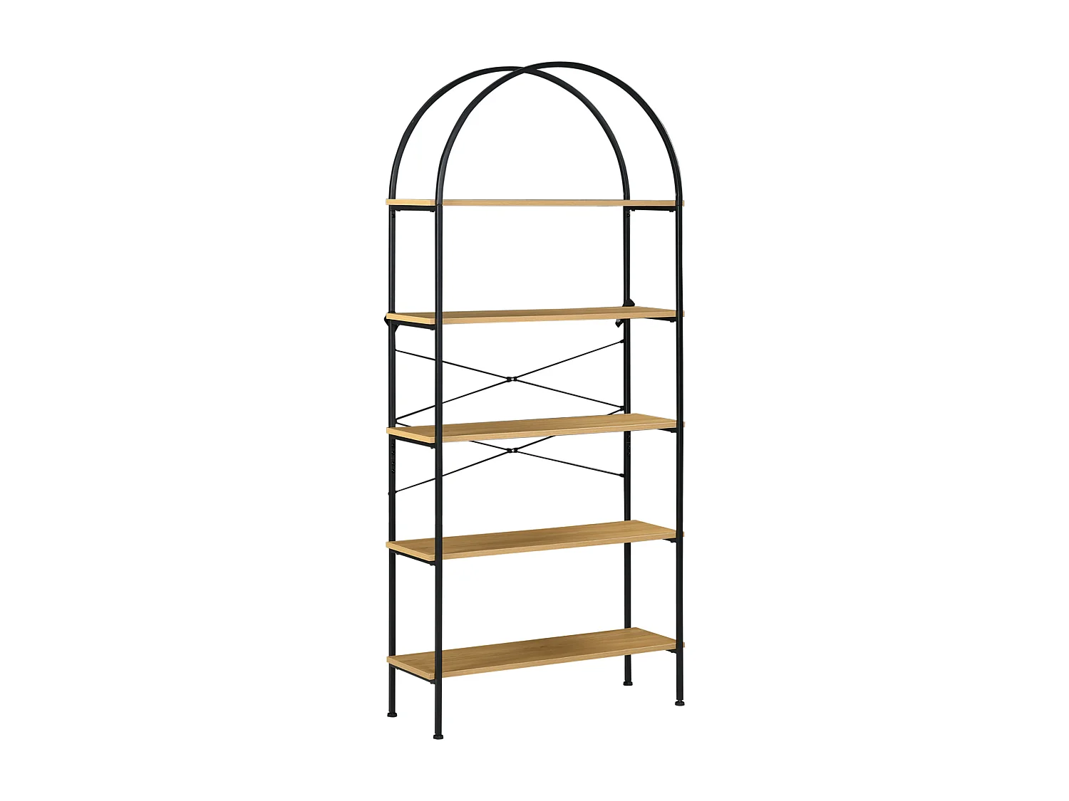 Bibliothèque étagère 5 niveaux design industriel en arche H. 1,79 m acier noir aspect bois clair