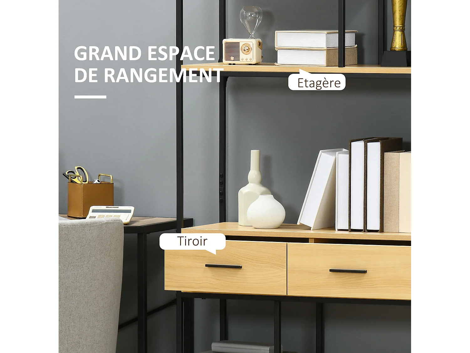 Bibliothèque étagère 5 niveaux 2 tiroirs design industriel H. 1,70 m acier noir aspect bois clair