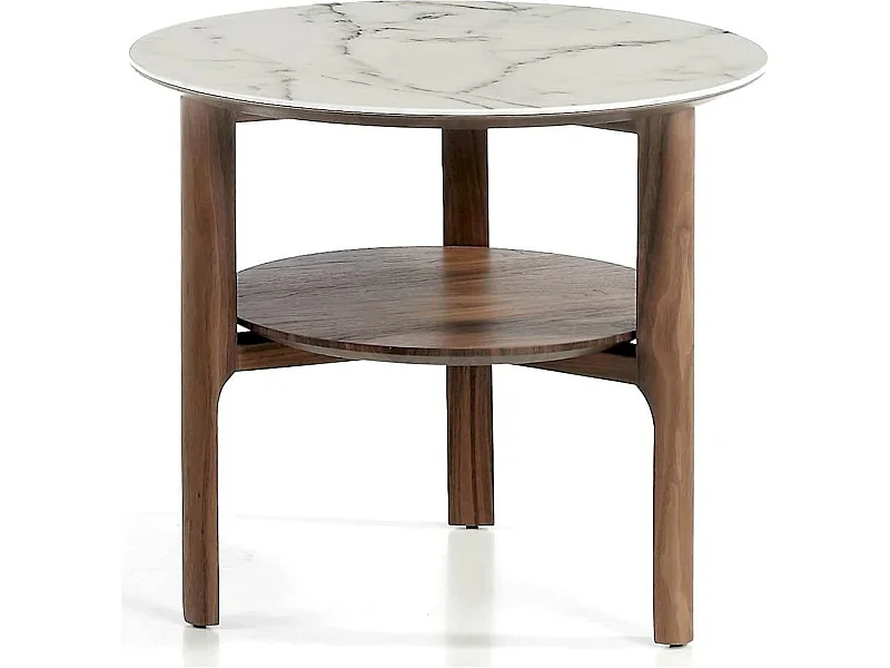 Table d'appoint plateau en verreavec effet marbre et bois