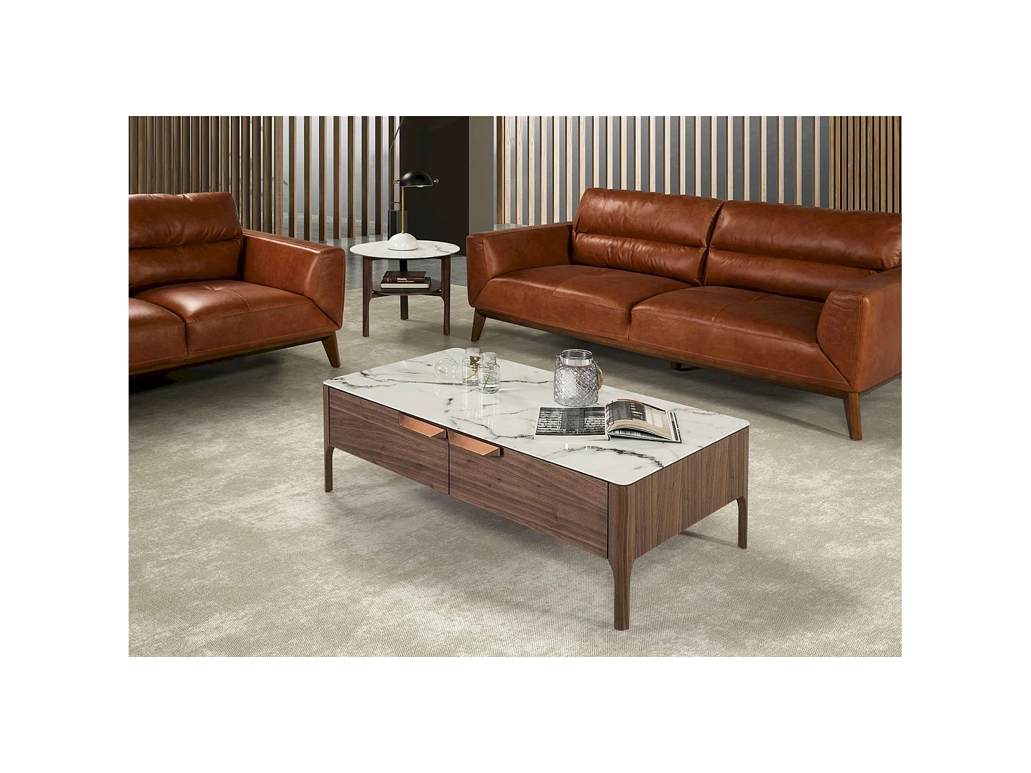 Table d'appoint plateau en verreavec effet marbre et bois