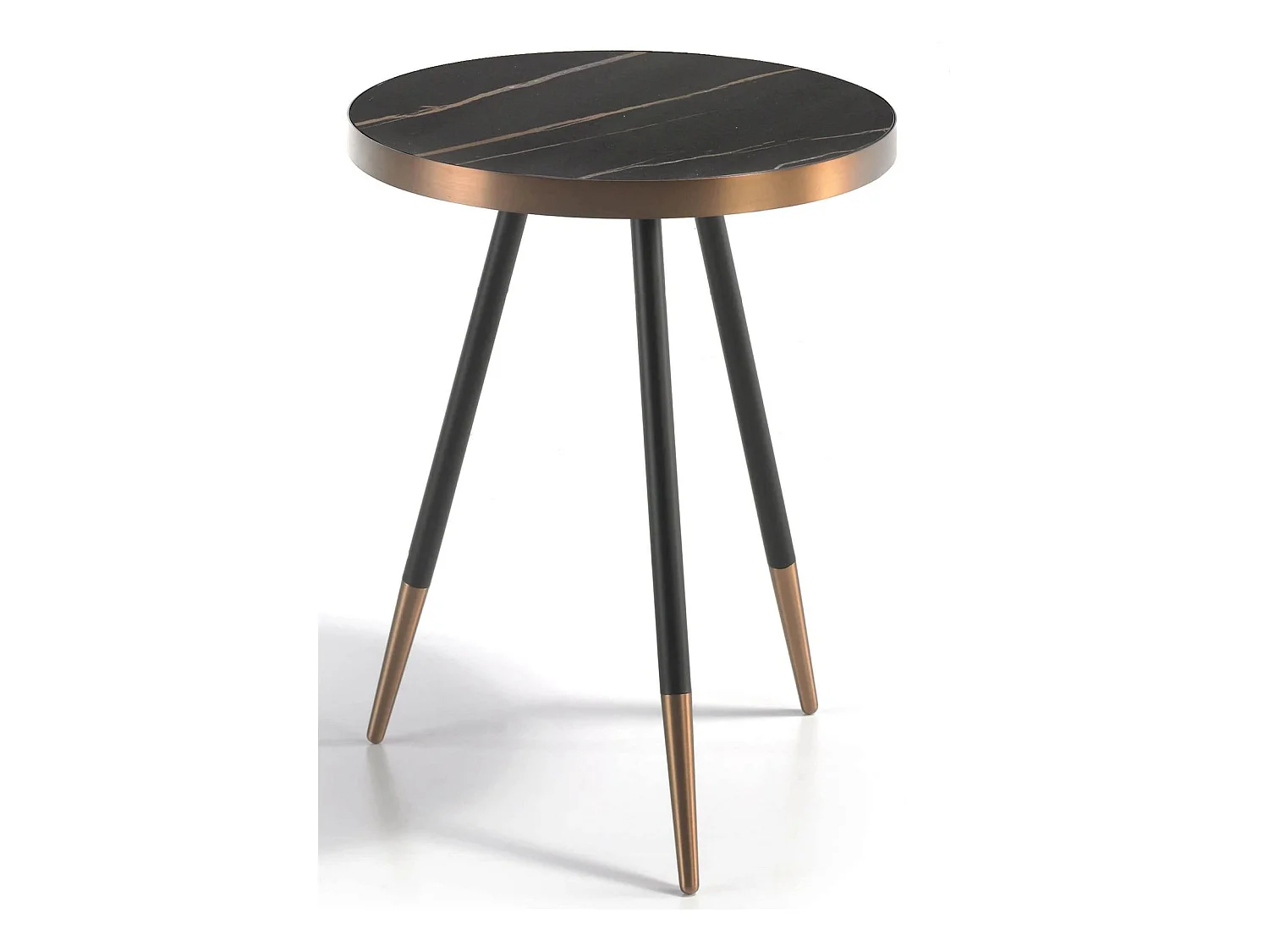 Table d'appoint ronde bois et porcelaine finition marbre pieds acier chromé bronze