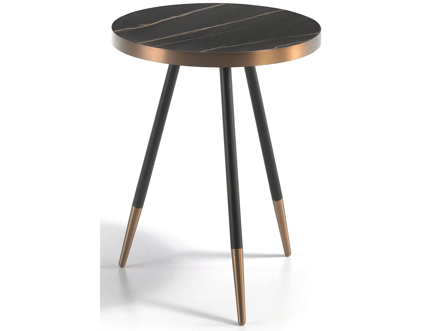 Table d'appoint ronde bois et porcelaine finition marbre pieds acier chromé bronze