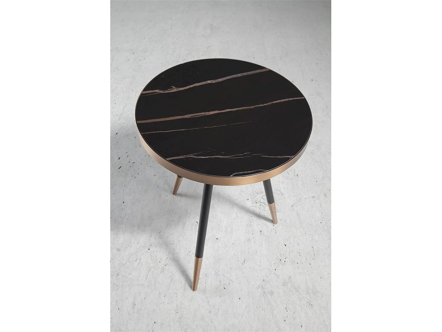 Table d'appoint ronde bois et porcelaine finition marbre pieds acier chromé bronze