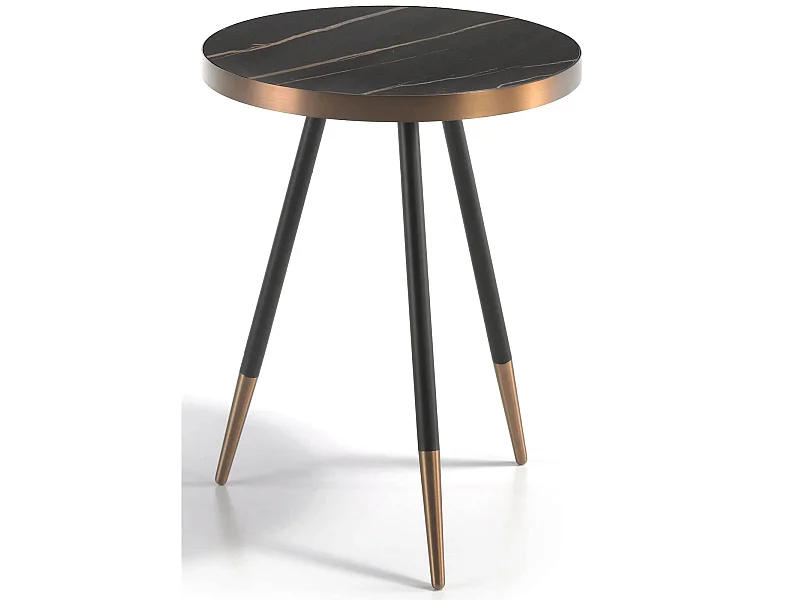 Table d'appoint ronde bois et porcelaine finition marbre pieds acier chromé bronze