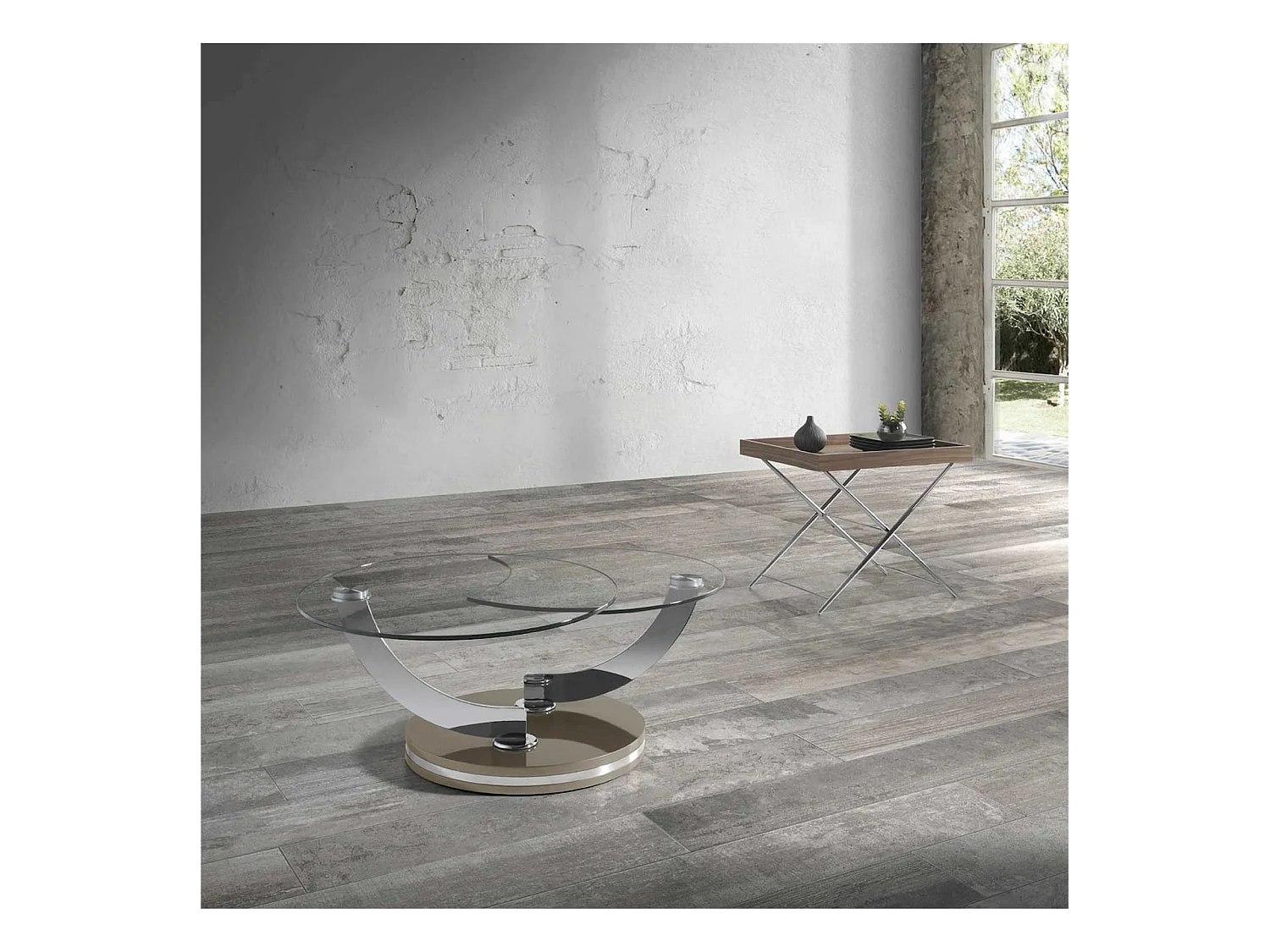 Table d'appoint plateau bois base acier inoxydable