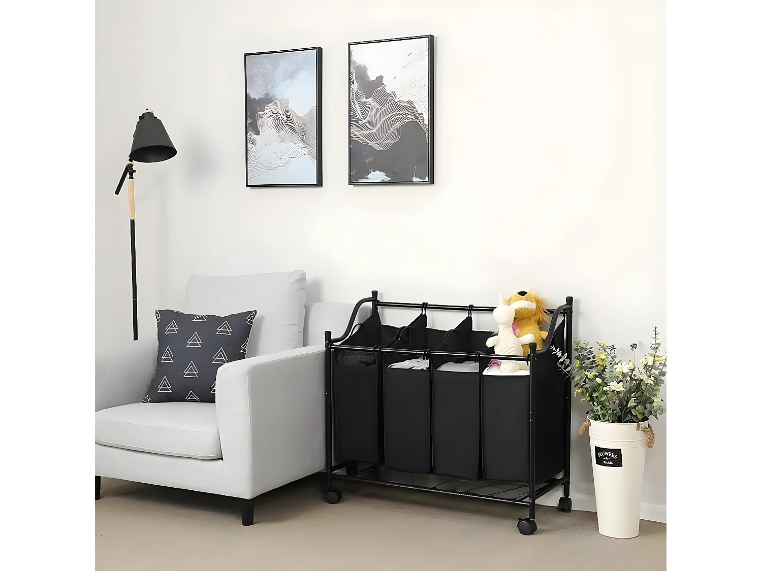 Bac à Linge avec 4 Sacs Amovibles Noirs sur Roulettes - L87,5 cm