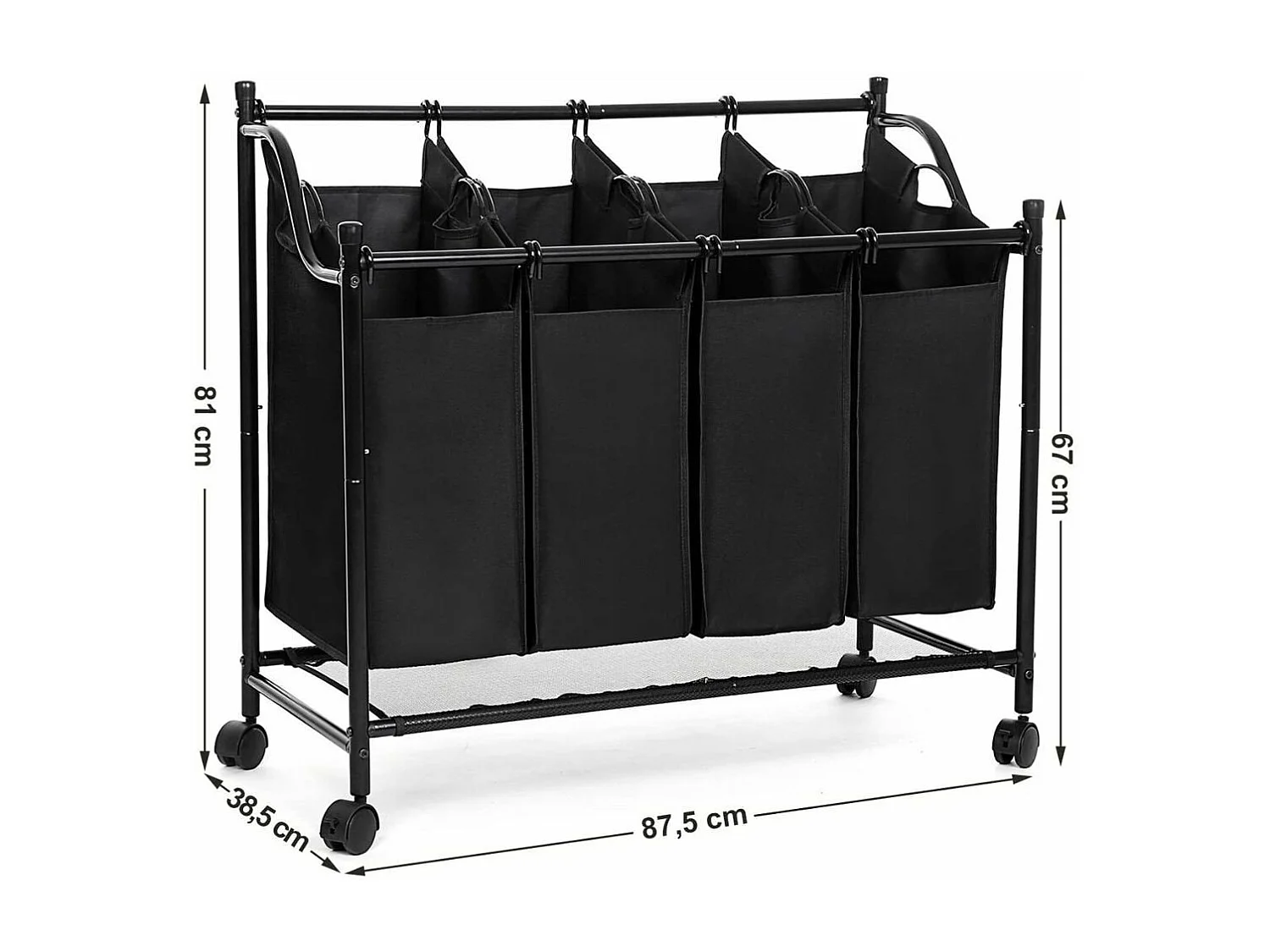 Bac à Linge avec 4 Sacs Amovibles Noirs sur Roulettes - L87,5 cm