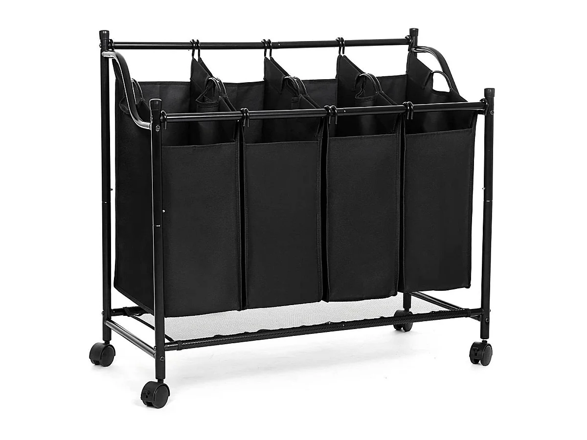Bac à Linge avec 4 Sacs Amovibles Noirs sur Roulettes - L87,5 cm