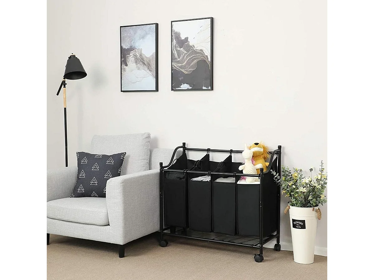 Bac à Linge avec 4 Sacs Amovibles Noirs sur Roulettes - L87,5 cm