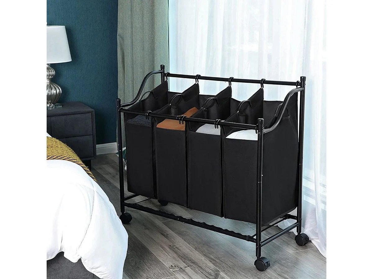 Bac à Linge avec 4 Sacs Amovibles Noirs sur Roulettes - L87,5 cm