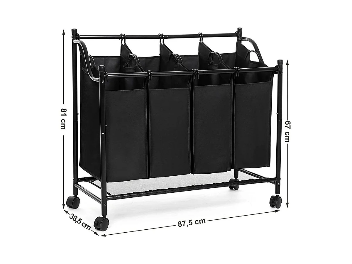 Bac à Linge avec 4 Sacs Amovibles Noirs sur Roulettes - L87,5 cm
