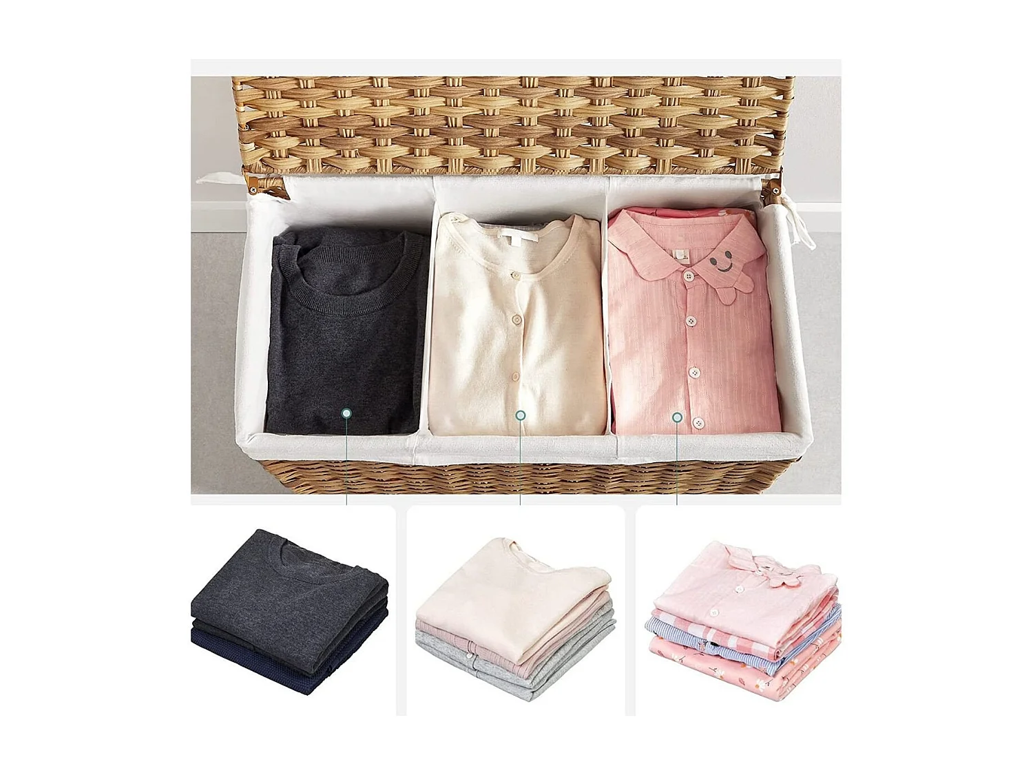 Wasmand 3 compartimenten op wielen imitatie natuurlijke rotan