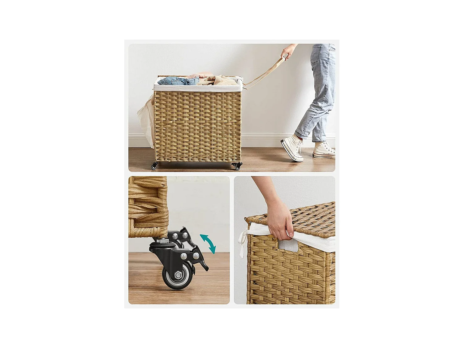 Wasmand 3 compartimenten op wielen imitatie natuurlijke rotan