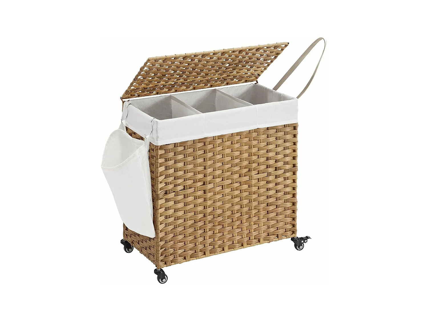 Panier à Linge 3 Compartiments sur Roulettes Imitation Jonc Naturel