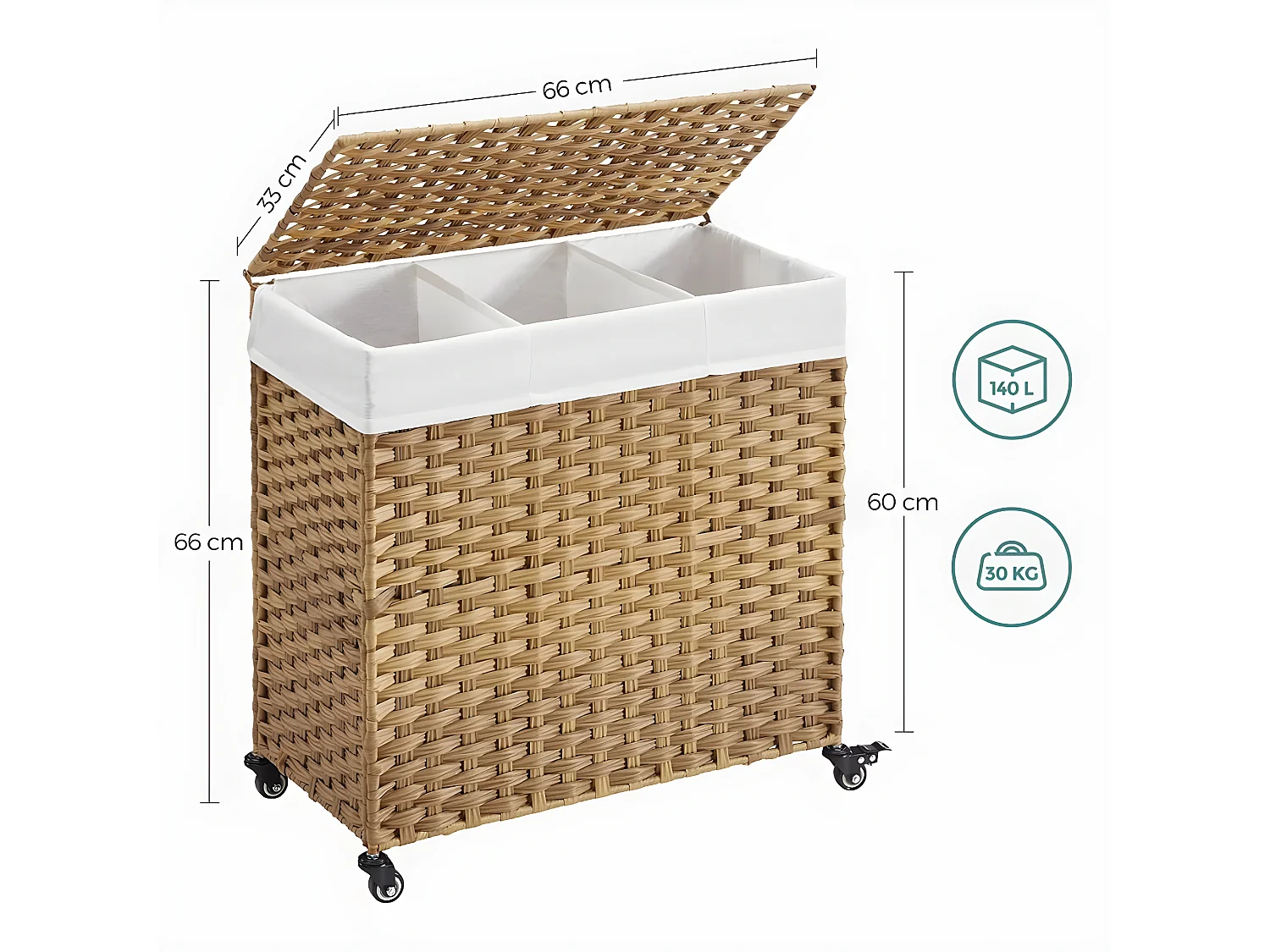 Panier à Linge 3 Compartiments sur Roulettes Imitation Jonc Naturel