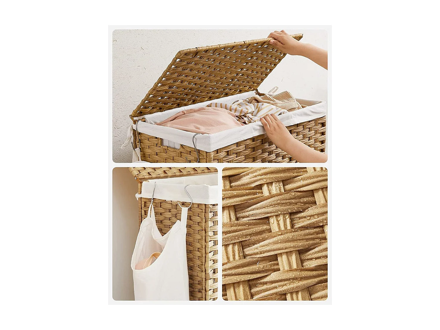 Panier à Linge 3 Compartiments sur Roulettes Imitation Jonc Naturel