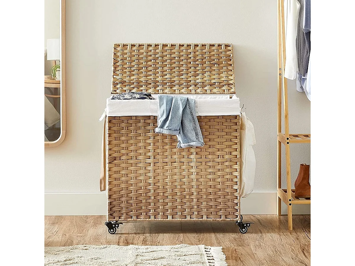 Cesto de ropa con 3 compartimentos sobre ruedas, imitación de junco natural