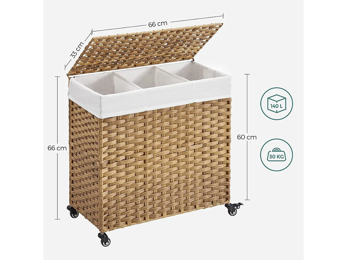 Cesto de ropa con 3 compartimentos sobre ruedas, imitación de junco natural
