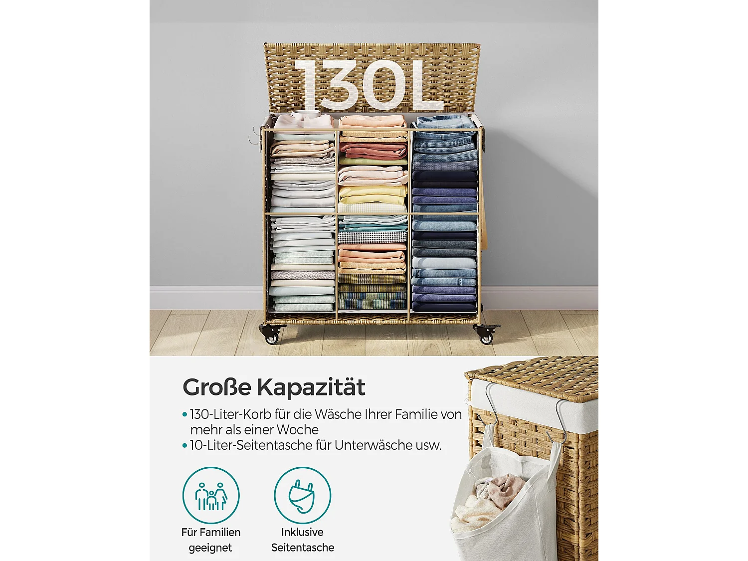 Cesto de ropa con 3 compartimentos sobre ruedas, imitación de junco natural