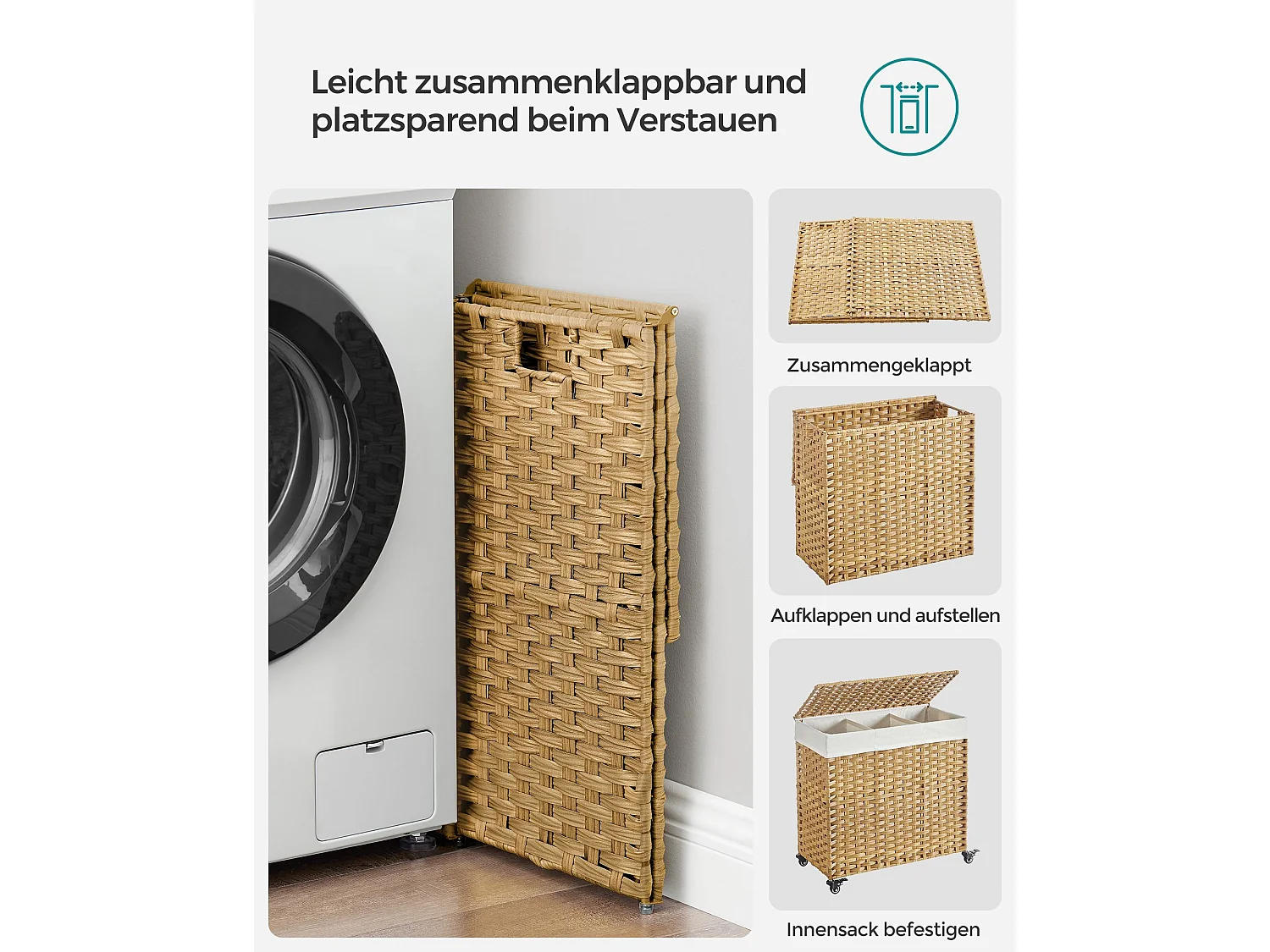 Cesto de ropa con 3 compartimentos sobre ruedas, imitación de junco natural